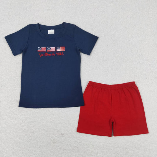 BSSO0713 Embroidered flag navy blue short-sleeved red shorts suit