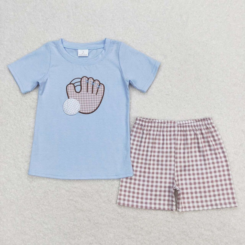 BSSO0723  Embroidered Baseball Glove Blue Short Sleeve Plaid Shorts Set