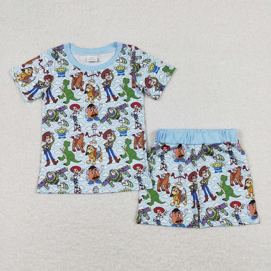BSSO0728 Cartoon White Cloud Blue Short Sleeve Shorts Pajama Set