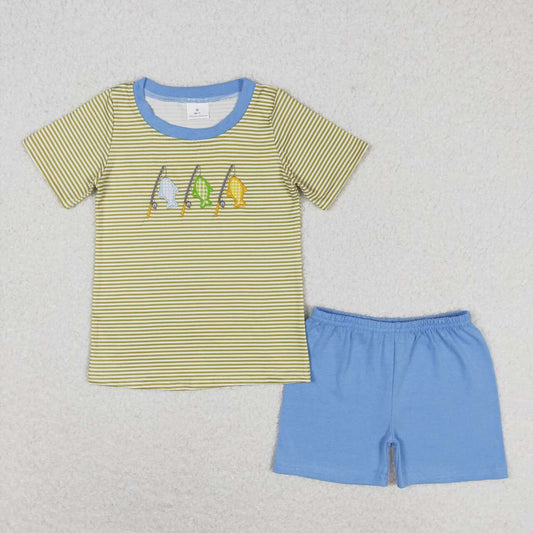 BSSO0732 Embroidered fishing yellow striped short-sleeved blue shorts suit