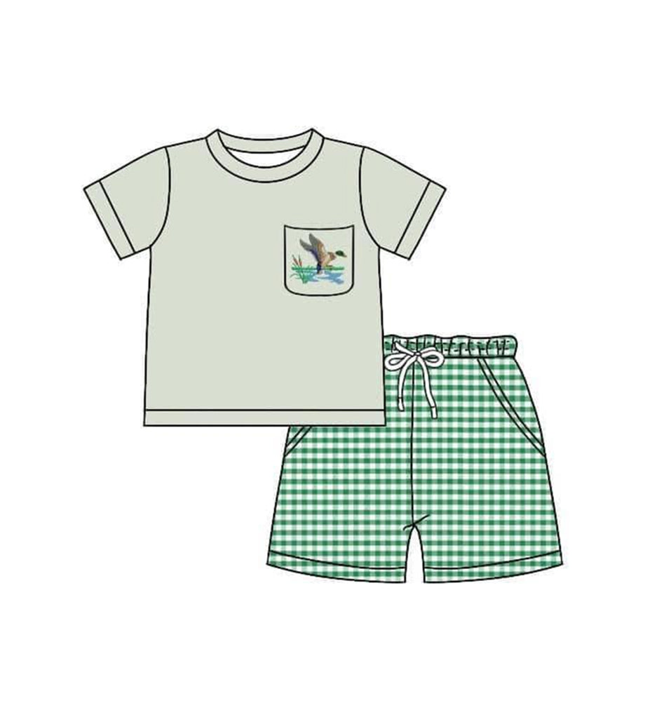 （presale）BSSO0734 Duck Pocket Short Sleeve Green Plaid Shorts Suit