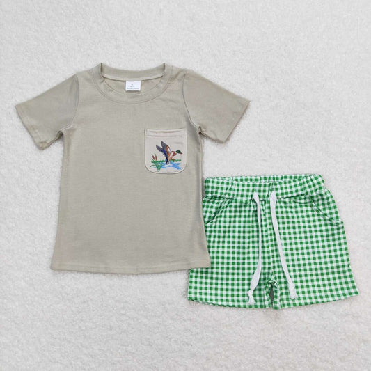 BSSO0734 Duck Pocket Short Sleeve Green Plaid Shorts Suit D 6.10
