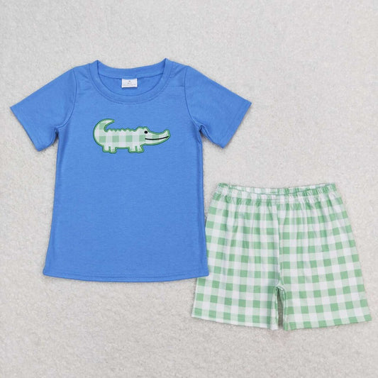 BSSO0736 Embroidered Crocodile Blue Short Sleeve Green Plaid Shorts Set D 4.24