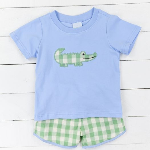 （presale）BSSO0736 Crocodile Blue Short Sleeve Green Plaid Shorts Suit