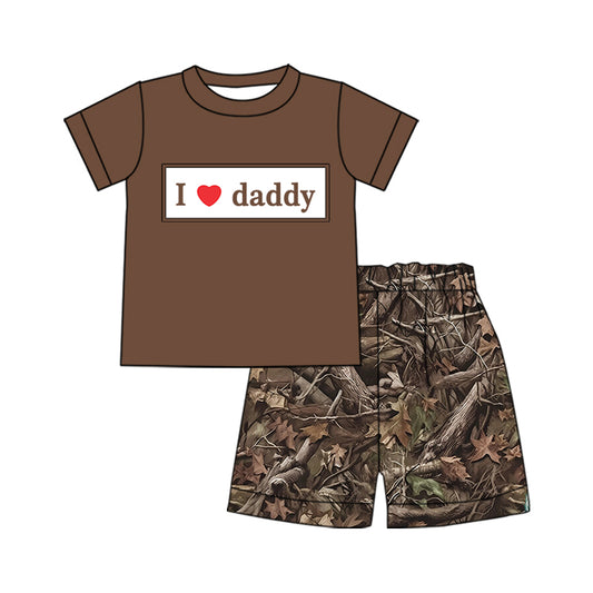 (presale)BSSO0740 I love daddy letter brown short sleeve twigs and leaves shorts suit