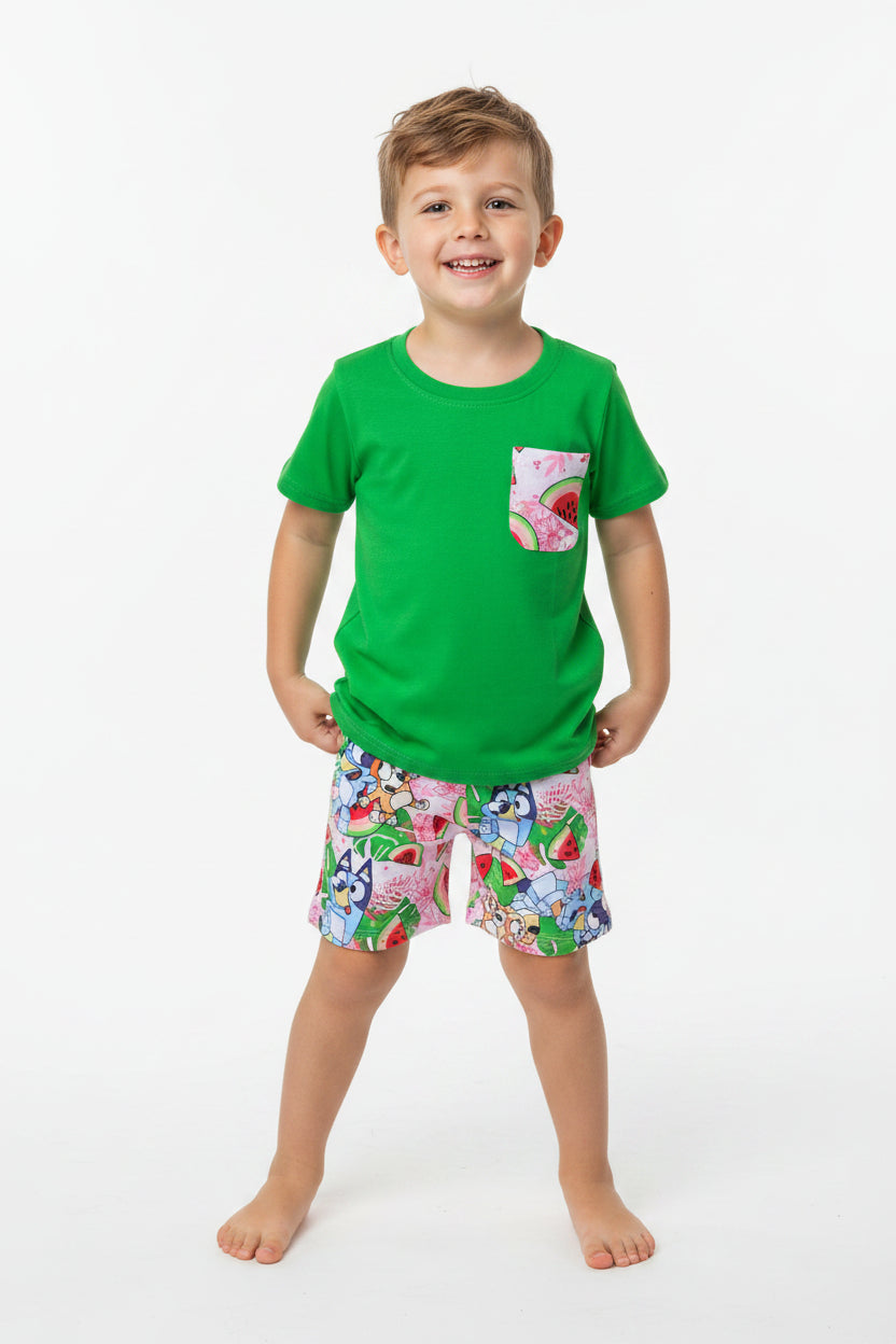 BSSO0743 Cartoon Watermelon Pocket Green Short Sleeve Shorts Suit