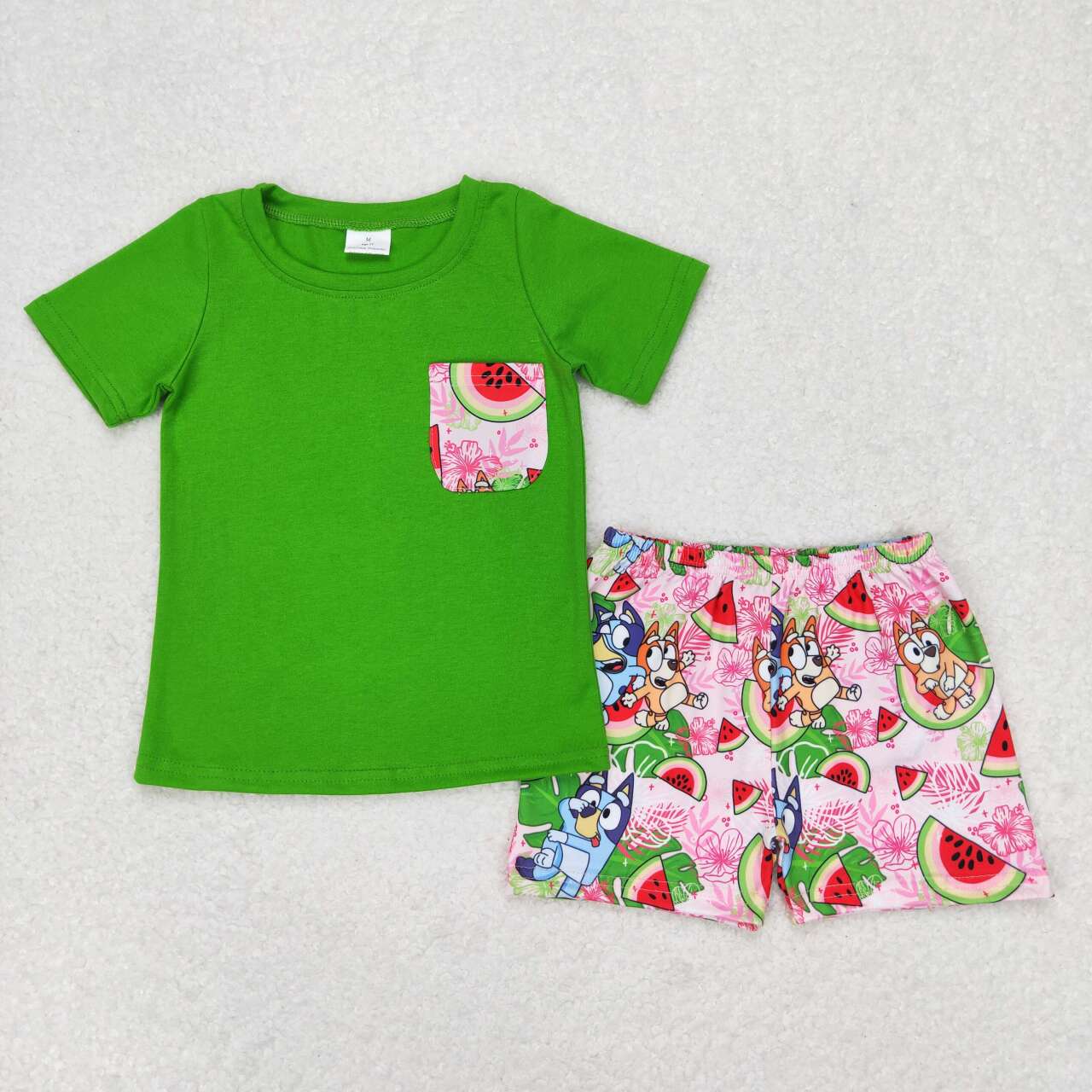 BSSO0743 Cartoon Watermelon Pocket Green Short Sleeve Shorts Suit