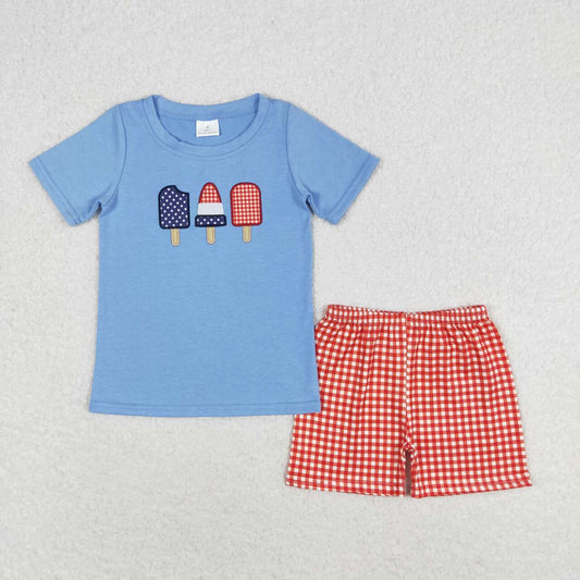 BSSO0744 Embroidery popsicle blue short-sleeved red plaid shorts suit