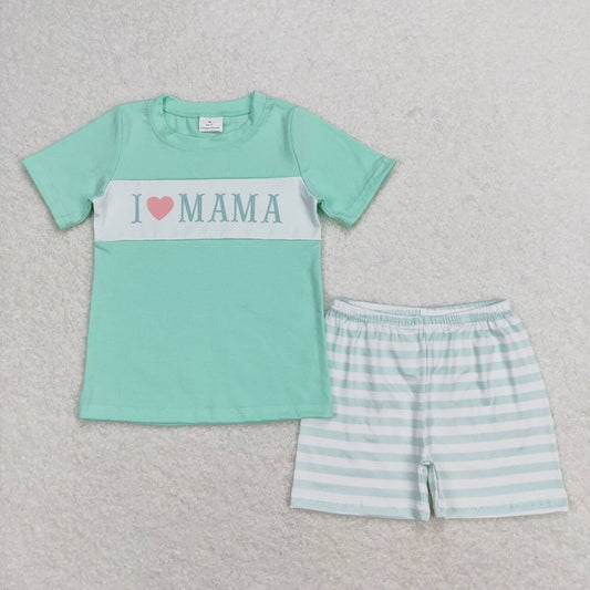 BSSO0751 I love mama lettering teal short-sleeved striped shorts suit D 5.30