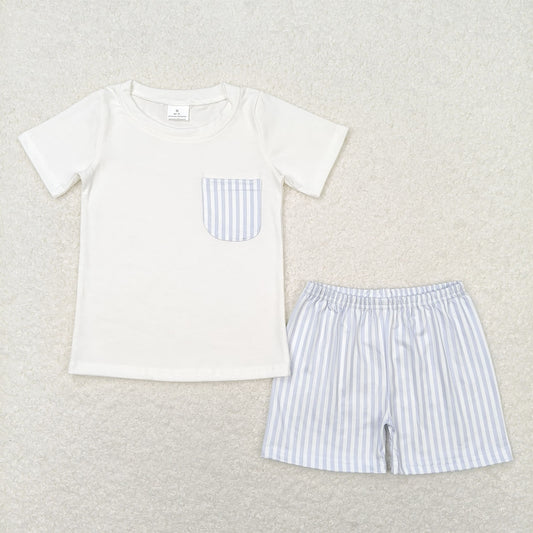 BSSO0764 Blue and White Striped Pocket Short Sleeve Shorts Set D 6.10