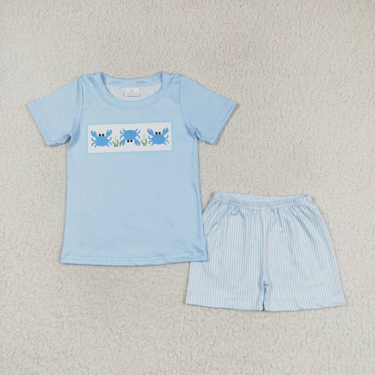 BSSO0765 Crab blue short-sleeved striped shorts suit