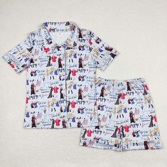 BSSO0773 Adult taylor swift  blue short sleeve shorts pajama set