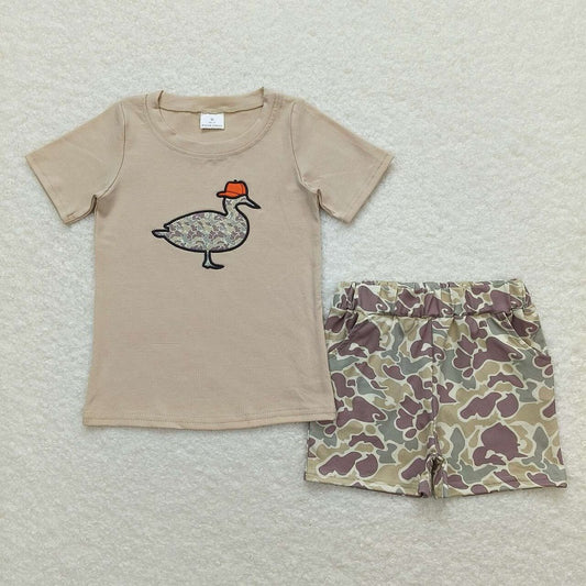 BSSO0781 Embroidered brown and green camouflage duck short-sleeved shorts suit