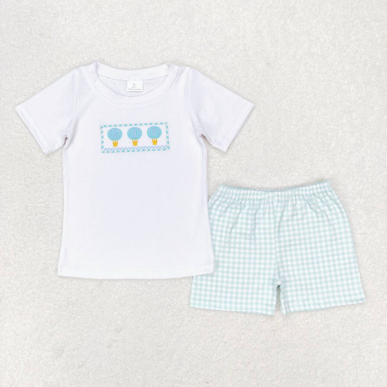 BSSO0784 Hot air balloon white short sleeve plaid shorts suit