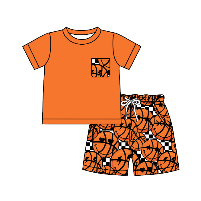 BSSO0789 Basketball Pocket Orange Short Sleeve Shorts Set