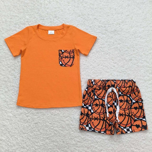 BSSO0789 Basketball Pocket Orange Short Sleeve Shorts Set