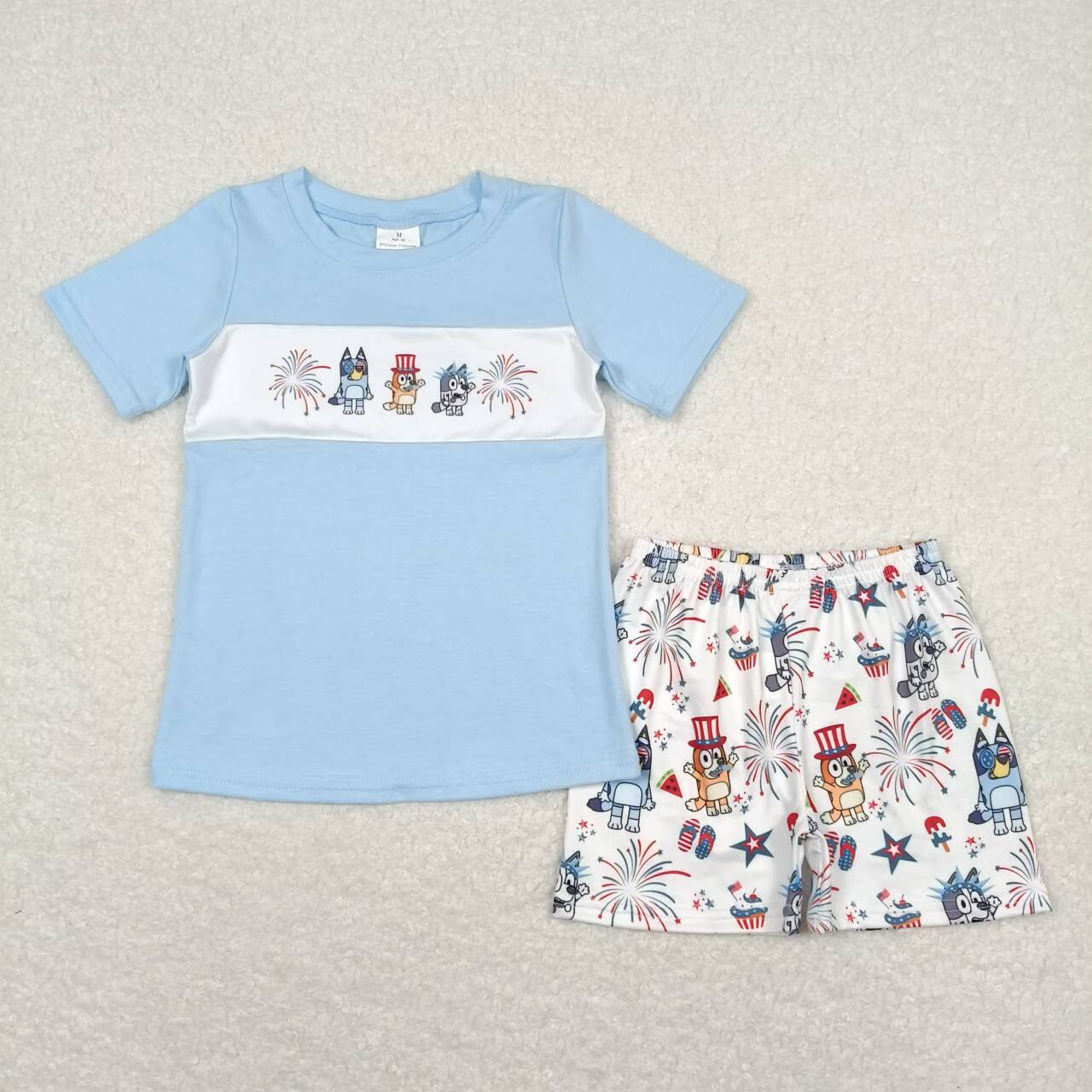 BSSO0792 National Day Fireworks Blue and White Short Sleeve Shorts Set