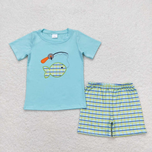 BSSO0798 Fishing teal short-sleeved plaid shorts suit