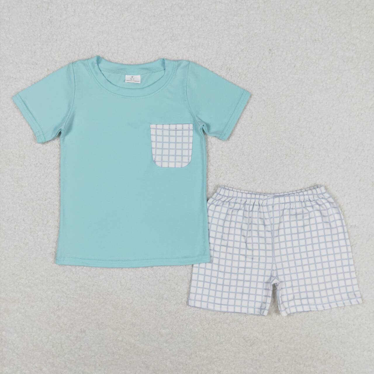 BSSO0799 Plaid pocket blue short sleeve shorts suit