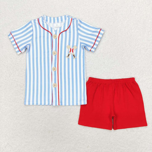 BSSO0800 Baseball blue striped short sleeve red shorts suit