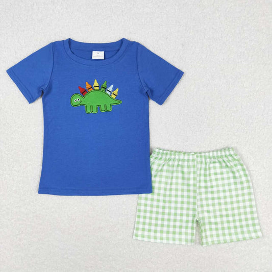 BSSO0805 Color Crayon Dinosaur Blue Short Sleeve Green Plaid Shorts Set