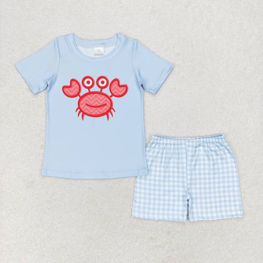 BSSO0808 Crab blue short sleeve plaid shorts suit