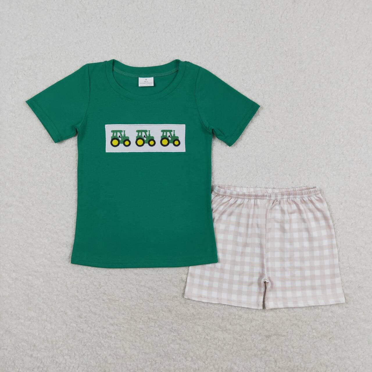 BSSO0809 Tractor green short-sleeved plaid shorts suit