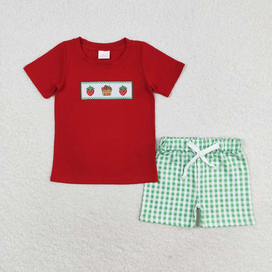 BSSO0810 Strawberry Red Short Sleeve Green Plaid Shorts Suit