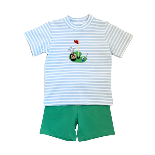 pre-order BSSO0813 Golf blue striped short sleeve green shorts suit