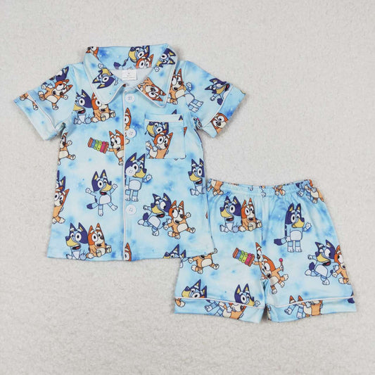 BSSO0817 Cartoon Blue Short Sleeve Shorts Pajama Set