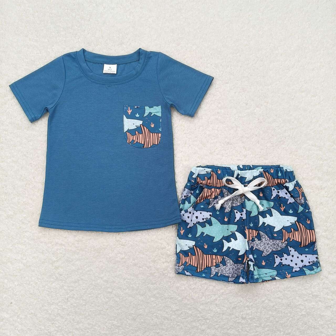 BSSO0830 boys Pocket Blue Short Sleeve Shorts Set