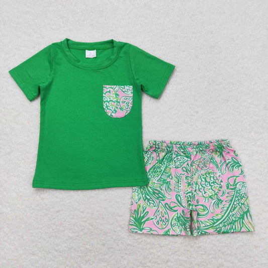 BSSO0839 Seaweed Pattern Pocket Green Short Sleeve Shorts Set D 5.30
