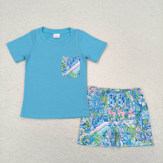 BSSO0840 Flower Pattern Pocket Blue Short Sleeve Shorts Set