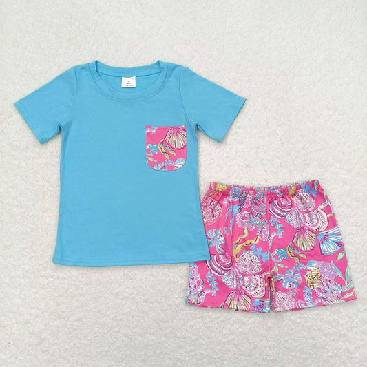 BSSO0841 Seaweed shell pocket blue short-sleeved rose red shorts suit