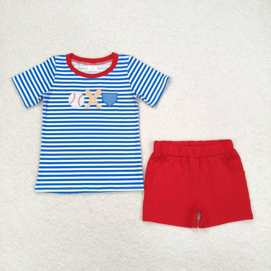 BSSO0844 Baseball blue and white striped short-sleeved red shorts suit