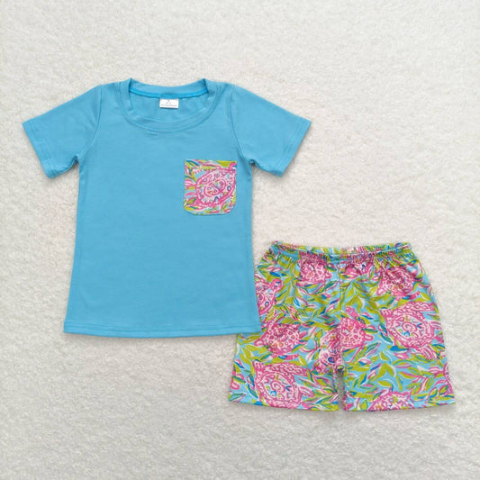 BSSO0846 Turtle Seaweed Pocket Blue Short Sleeve Shorts Pajama Set