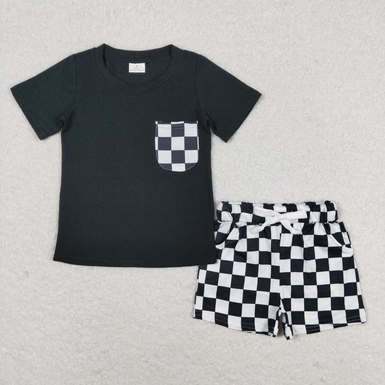 BSSO0852 Black and white plaid pocket short sleeve shorts suit