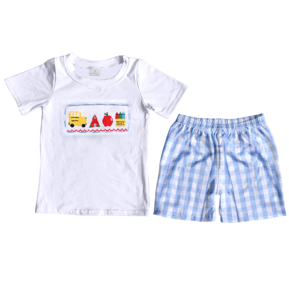 presale BSSO0854 School Bus Apple White Short Sleeve Blue Plaid Shorts Suit