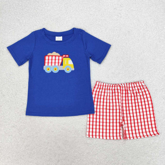 BSSO0857 Sand transport truck navy blue short-sleeved red plaid shorts suit