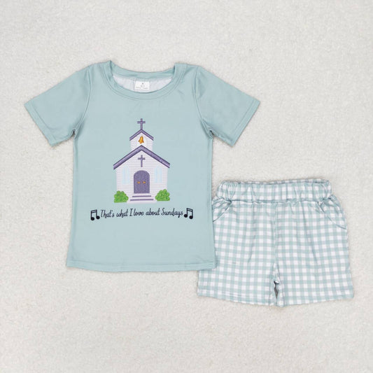 BSSO0858 Church Letters Teal Short Sleeve Plaid Shorts Suit