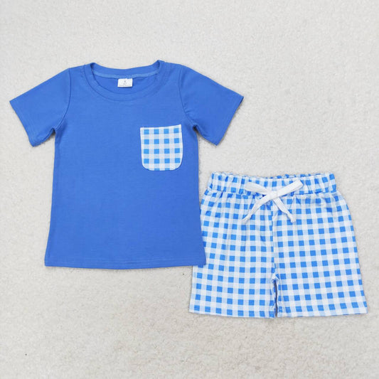 BSSO0865 Plaid Pocket Royal Blue Short Sleeve Shorts Suit