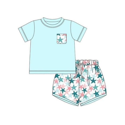 presale BSSO0872 Starfish Pocket Blue Short Sleeve Shorts Set