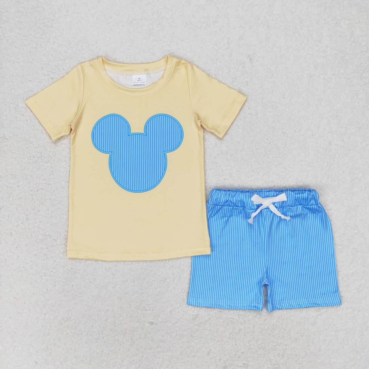 BSSO0875 Yellow short-sleeved blue striped shorts suit