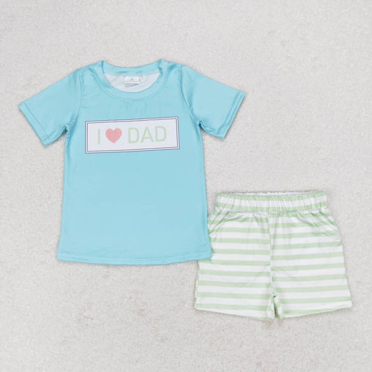 BSSO0878 I love dad letter blue short sleeve green striped shorts suit