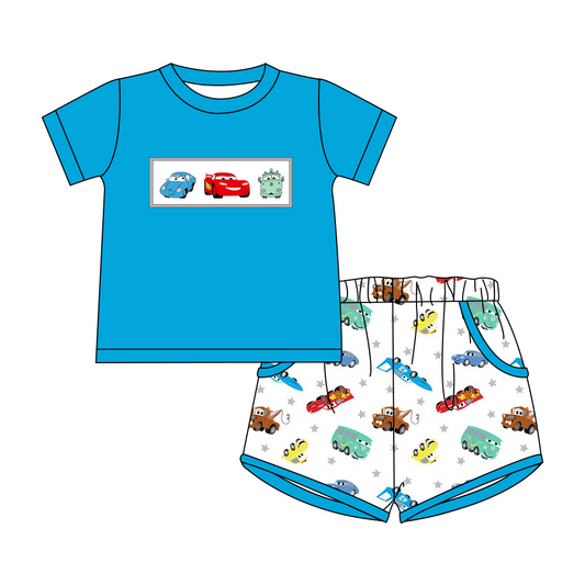 presale BSSO0883 Cartoon car blue short sleeve shorts suit