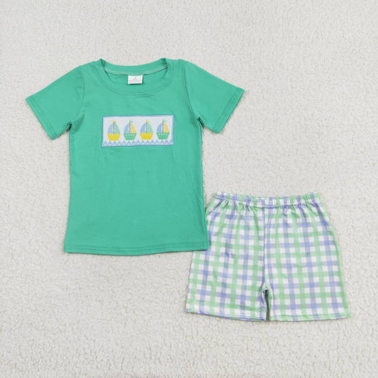 BSSO0887 Embroidered Sailboat Teal Short Sleeve Plaid Shorts Set
