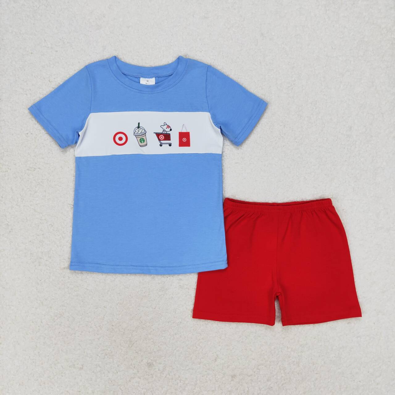 BSSO0894 Puppy Target Blue Short Sleeve Red Shorts Suit