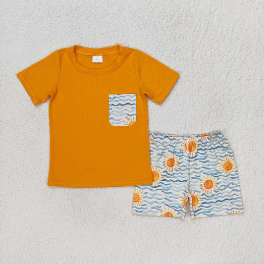 BSSO0897 Sun Wavy Line Pocket Orange Short Sleeve Shorts Set