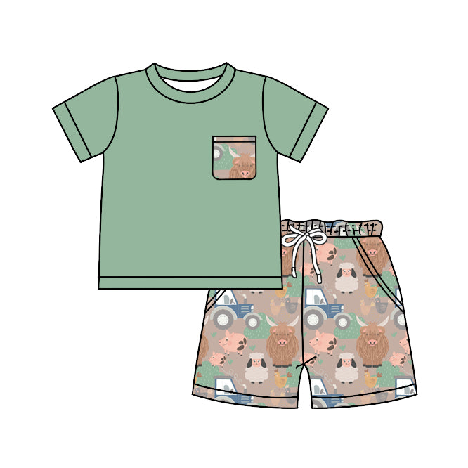 presale BSSO0902 Farm Animal Tractor Pocket Green Short Sleeve Shorts Set