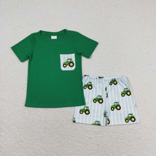 BSSO0903 Farm Tractor Pocket Green Short Sleeve Blue Striped Shorts Set